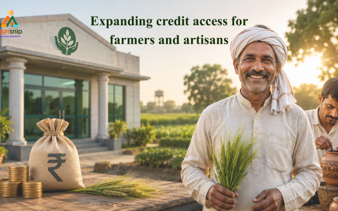 Delhi State Cooperative Bank expands financing for farmers and artisans, with a farmer holding crops, an artisan making pottery, and a cooperative bank building in the background.