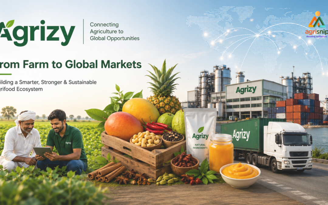 Agrizy showing its farm-to-global agrifood supply chain, connecting farmers and FPOs with advanced processing, quality and compliance, global markets across 20+ countries, and 350+ trusted brands.