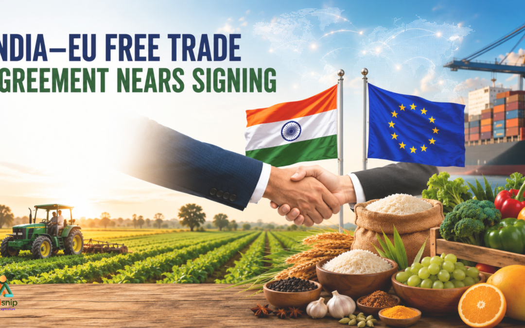 India-EU Free Trade Agreement nearing signing, symbolized by a handshake between India and EU flags, with agriculture, exports, sustainability and global trade opportunities highlighted.